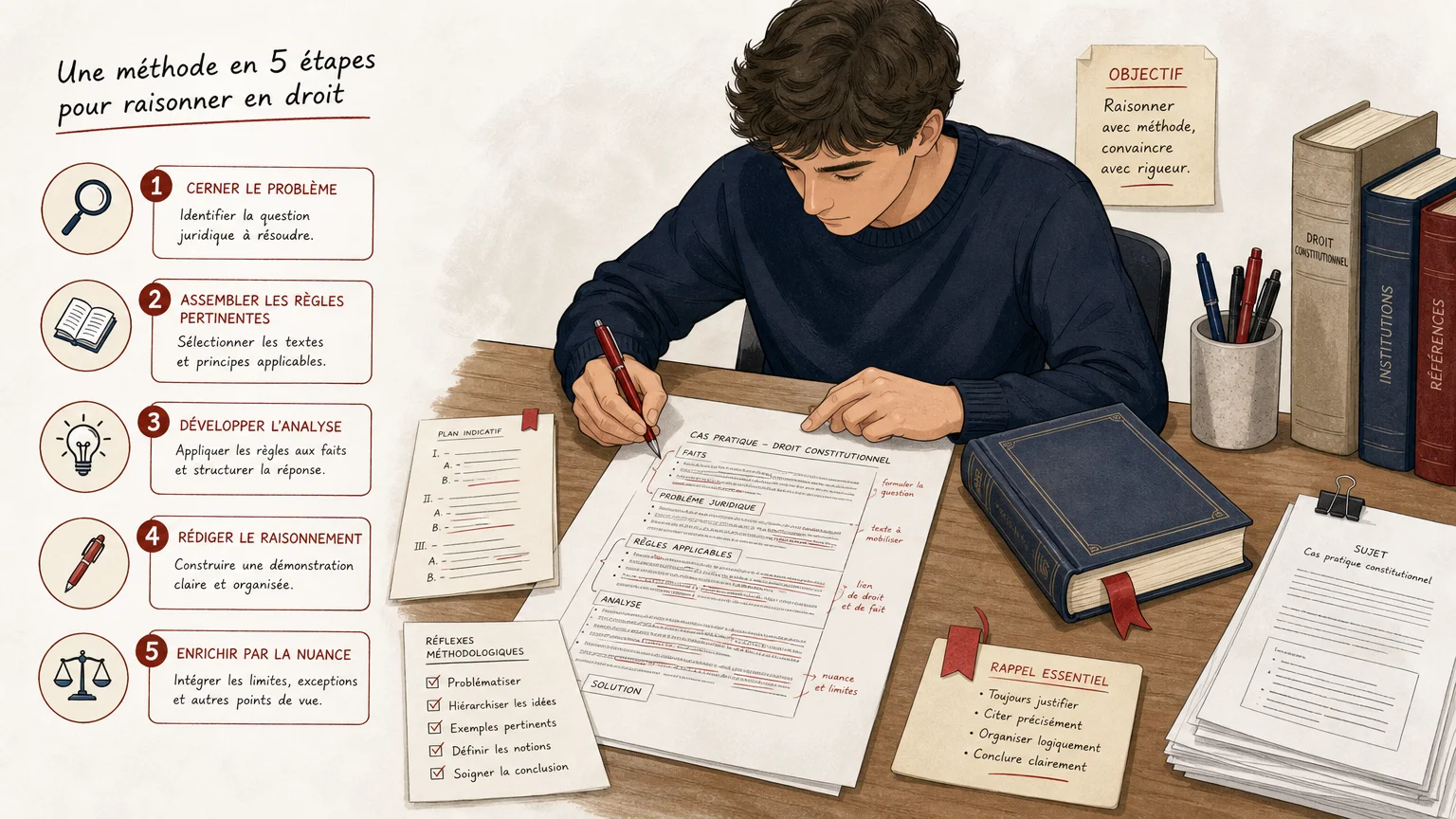 Étudiant annotant un cas pratique de droit constitutionnel avec une méthode structurée