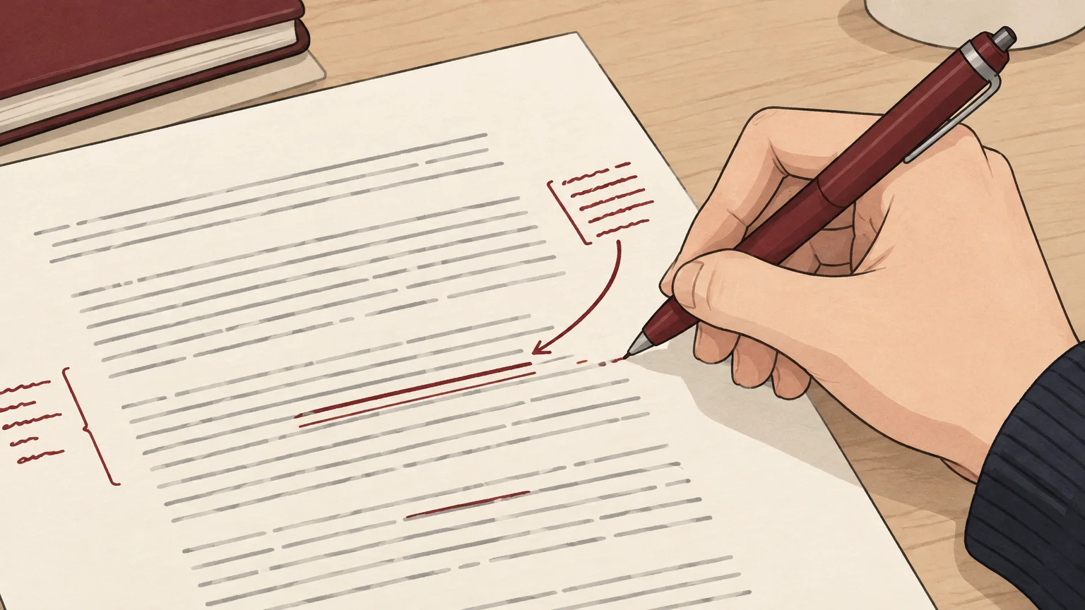 Main annotant en marge une copie de droit