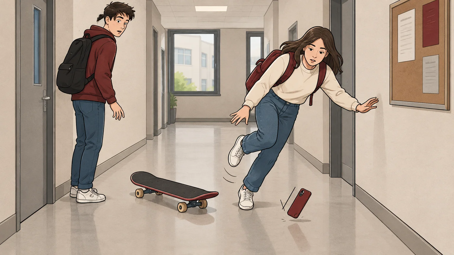 Un skateboard laissé dans un couloir provoque la chute d’un téléphone