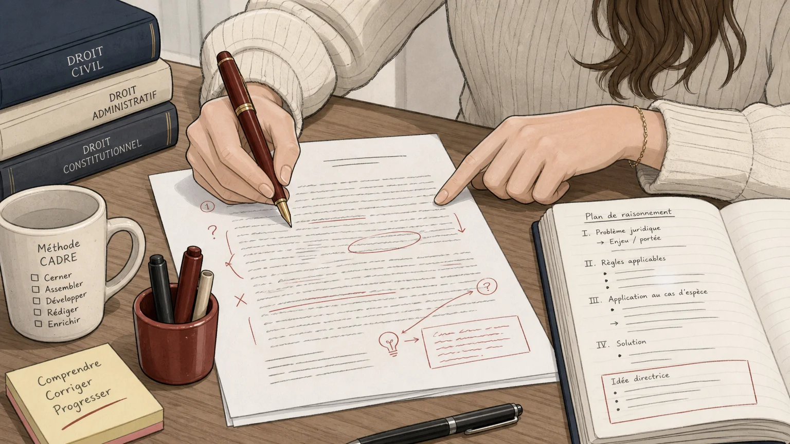 Étudiante relisant une copie juridique annotée